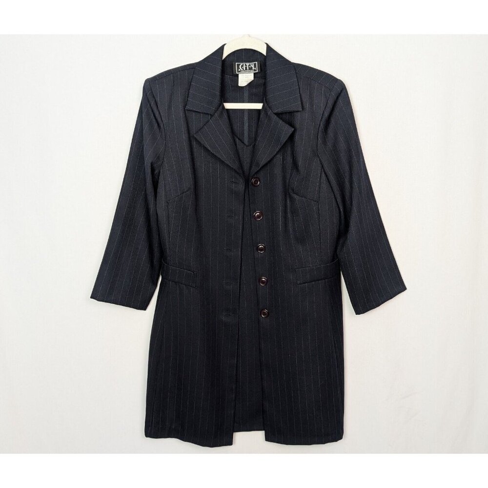 VINTAGE 90s Y2K City Triangles 13 Blazer Jacket Suit Dress Set Navy Pin Stripe